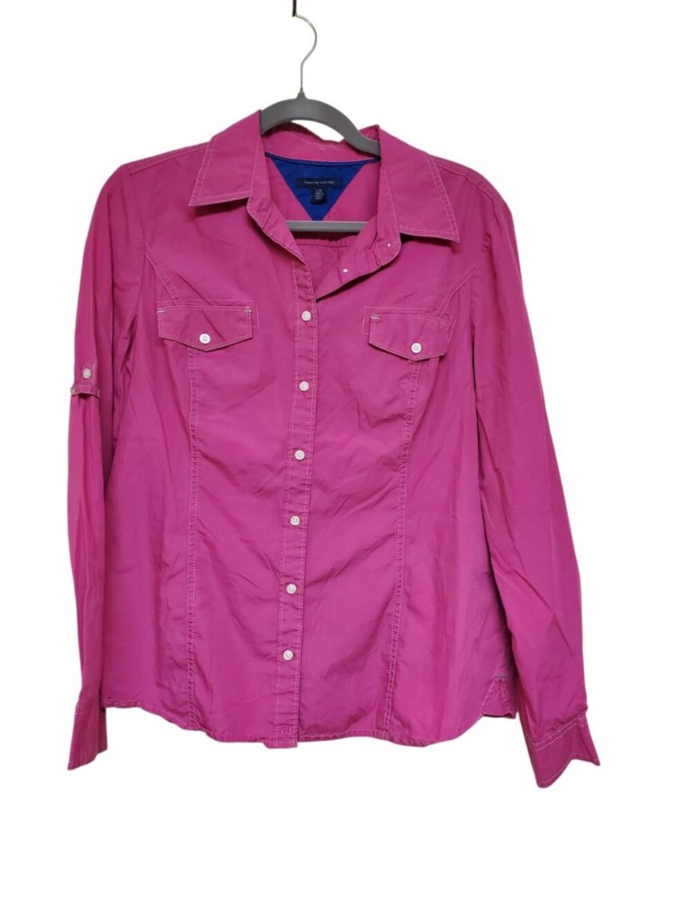 Tommy Hilfiger Women's Magenta Roll Tab Sleeve Button Up Shirt Size L
